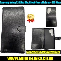 Samsung Galaxy S24 Ultra Black Book Case with Strap + 10D Tempered Glass